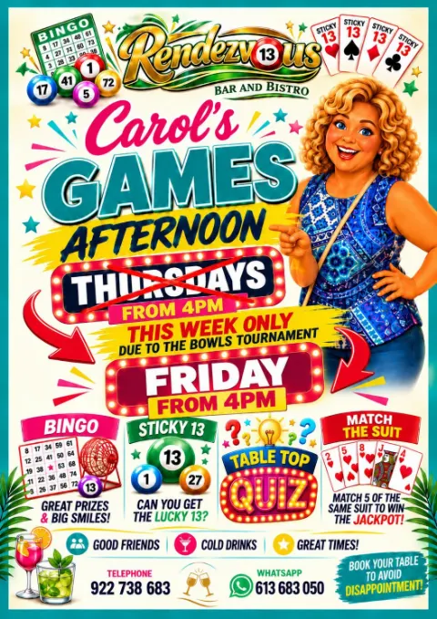 Carol's Games Afternoon en Rendezvous Bar & Bistro, Golf del Sur: cartel del evento en Tenerife