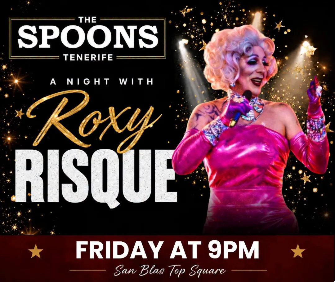 Roxy Risque en The Spoons, Golf del Sur: cartel del evento en Tenerife