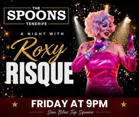 Roxy Risque en The Spoons, Golf del Sur: cartel del evento en Tenerife