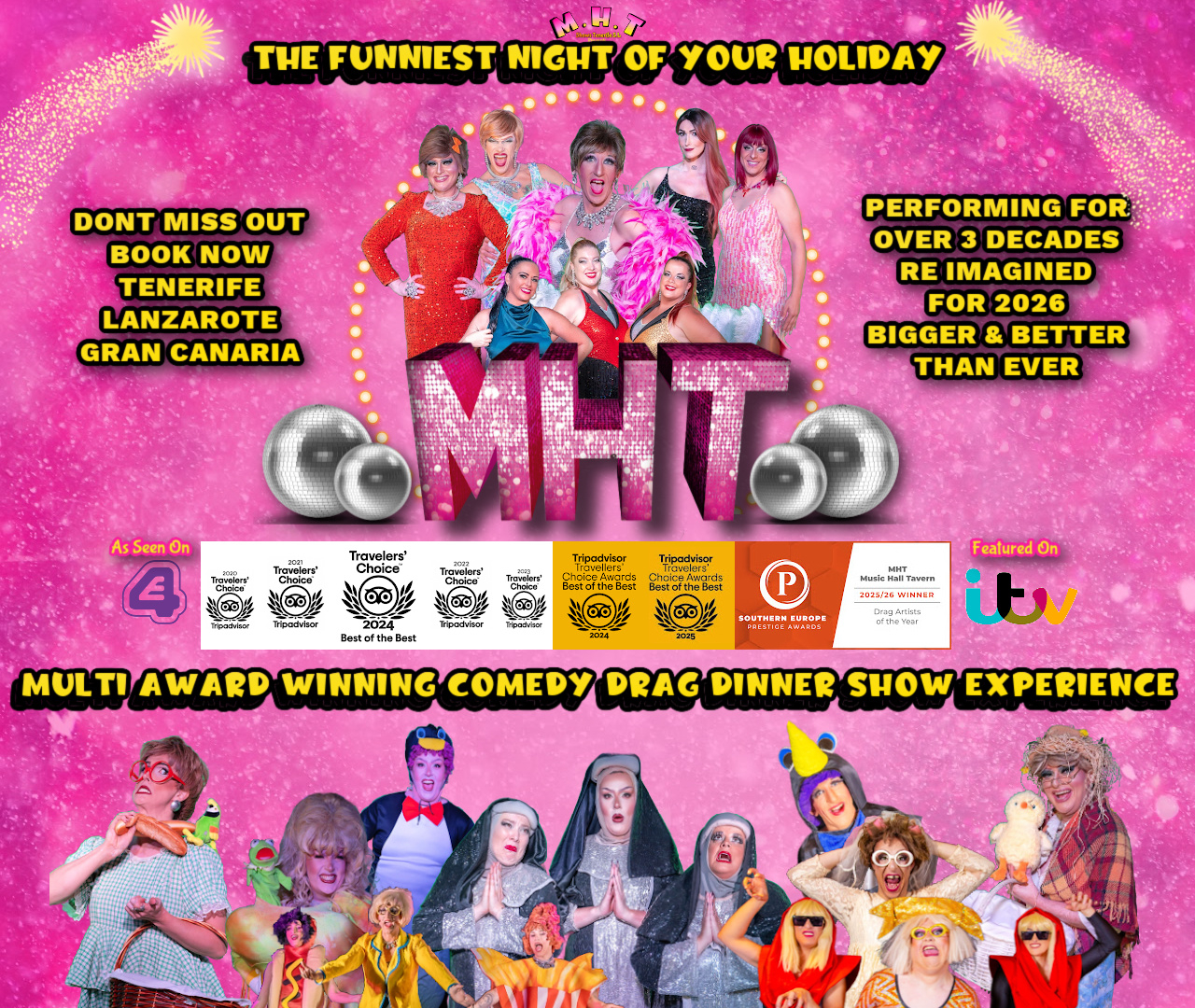 MHT Comedy Drag & Dinner Show im Music Hall Tavern, Playa de las Américas – Veranstaltungsplakat Teneriffa