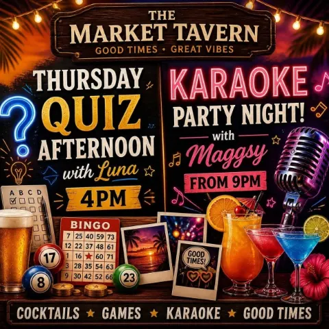 Thursday Quiz afternoon and Karaoke Party Night à The Market Tavern, Los Cristianos – affiche d'événement à Tenerife
